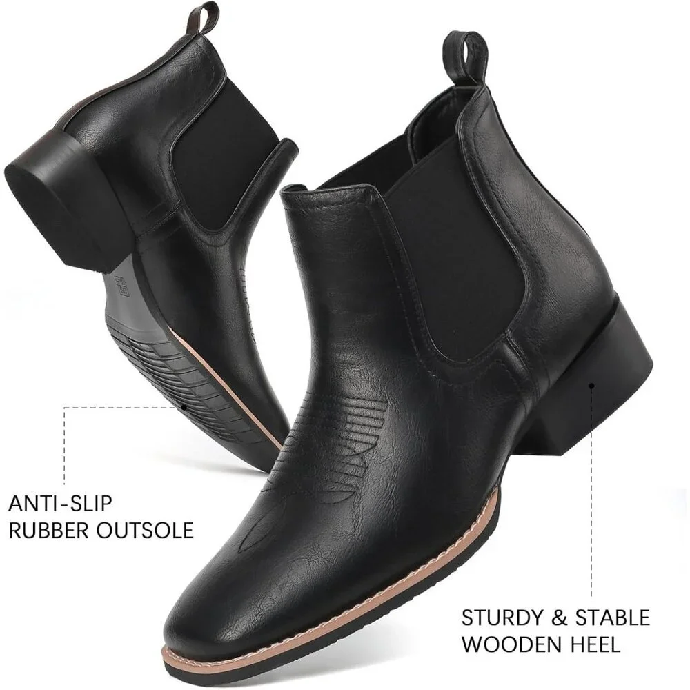 Men's Black Square Toe Chelsea Boots Western Ankle Boot Slip On Casual Boot
